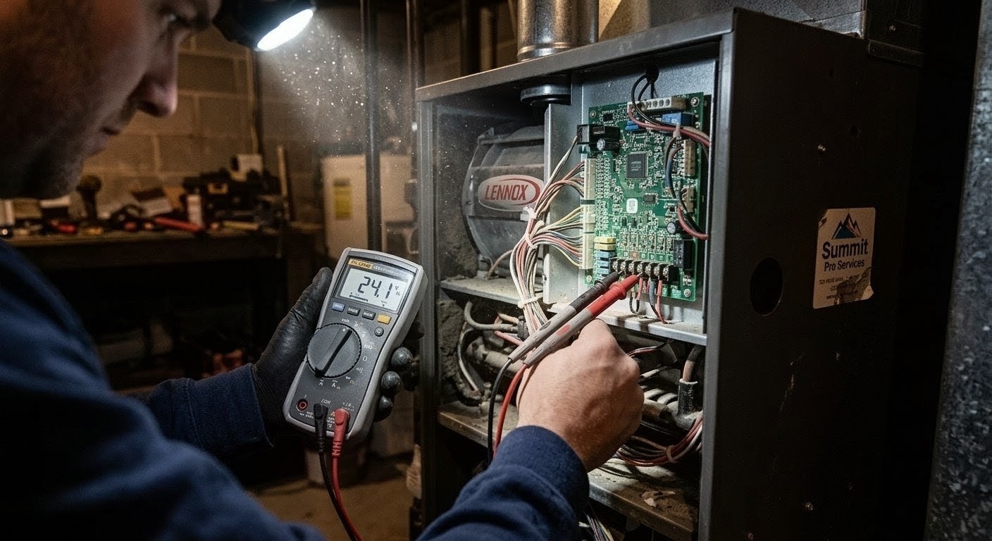 HVAC technician testing circuit board with multimeter on Lennox furnace
